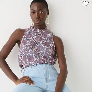 J. Crew Women Small 100% Linen Ruffle Neck Blouse Top Resort Vaca Preppy Coastal